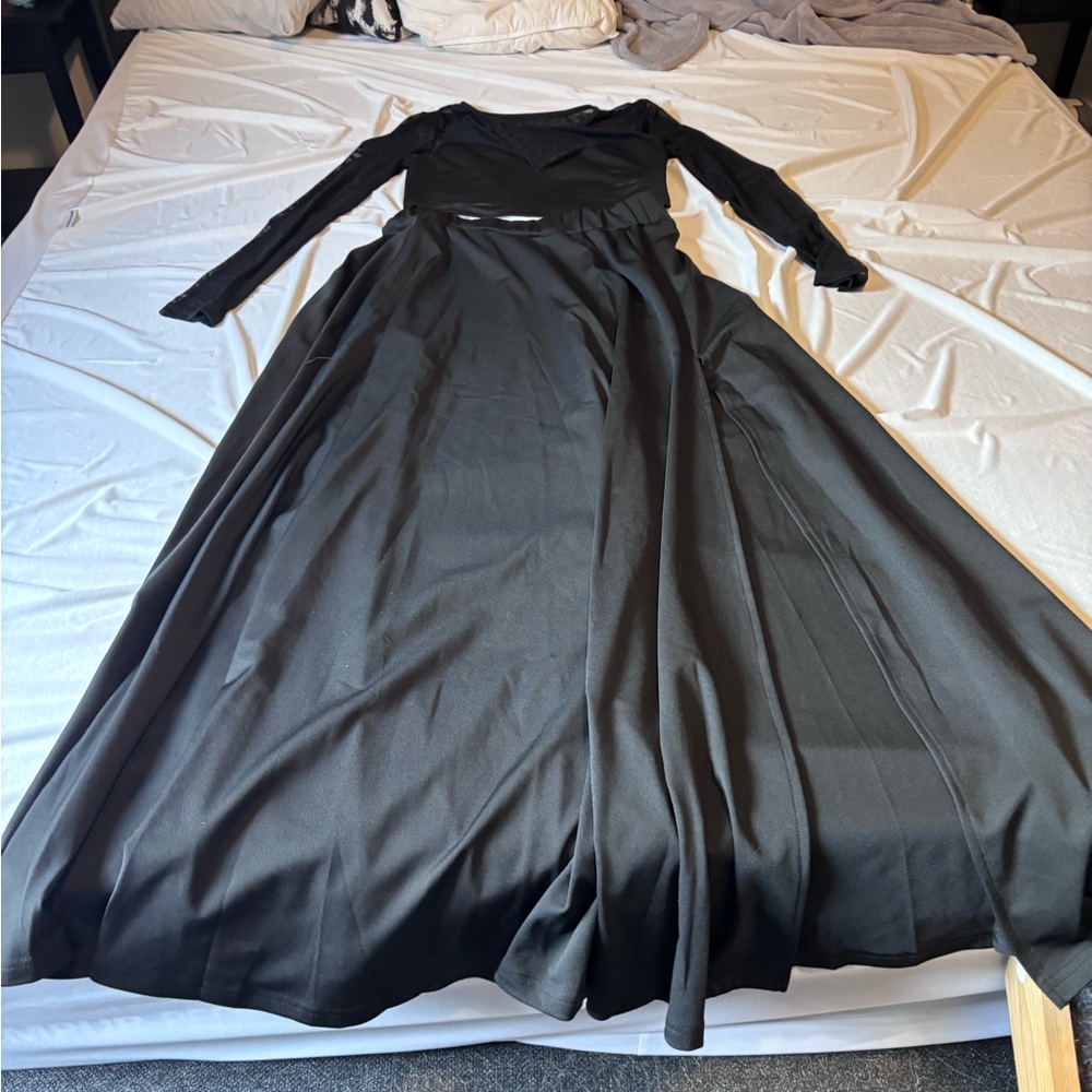 SHEIN Black Long Sleeve Maxi Dress (two piece, sheer sleeves, with slit)